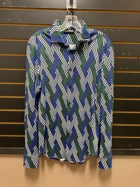 Murano Women’s Slim Fit Geometric Button Down Shirt Blue Green M